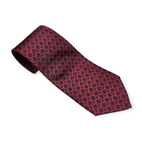 {Hermes} Red and Navy Chain Patterned Tie - Picture 1 of 12